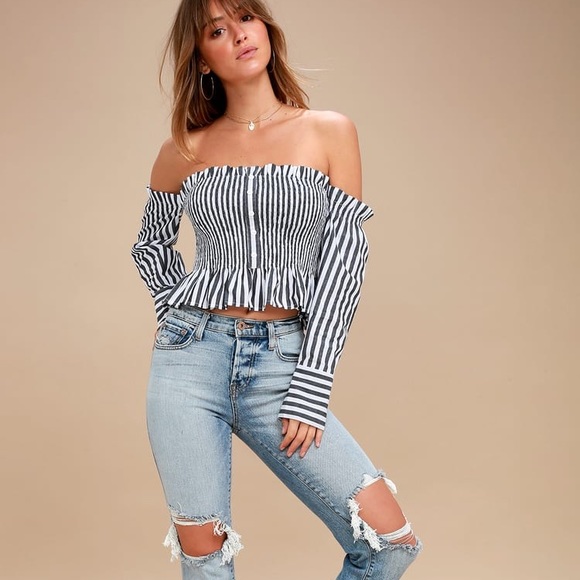 Lulus | Like You A Yacht Blue and White Striped Off-the-Shoulder Top XS - Picture 7 of 11
